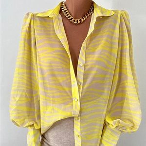 Button front sheer collared shirt - yellow zebra print
